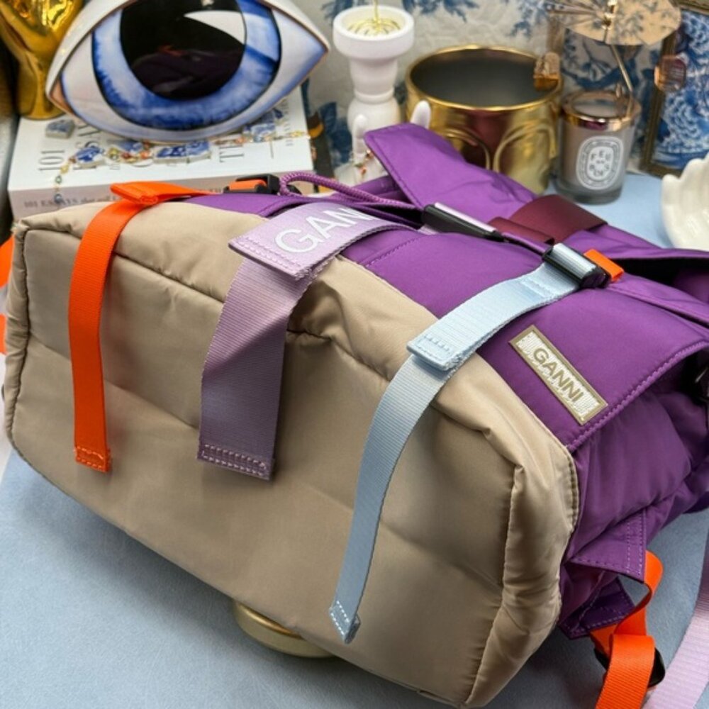 🆕 GANNI 🧿 NWT Recycled Tech Backpack, Purple Wine & Orange, Baby Blue - Picture 9 of 13